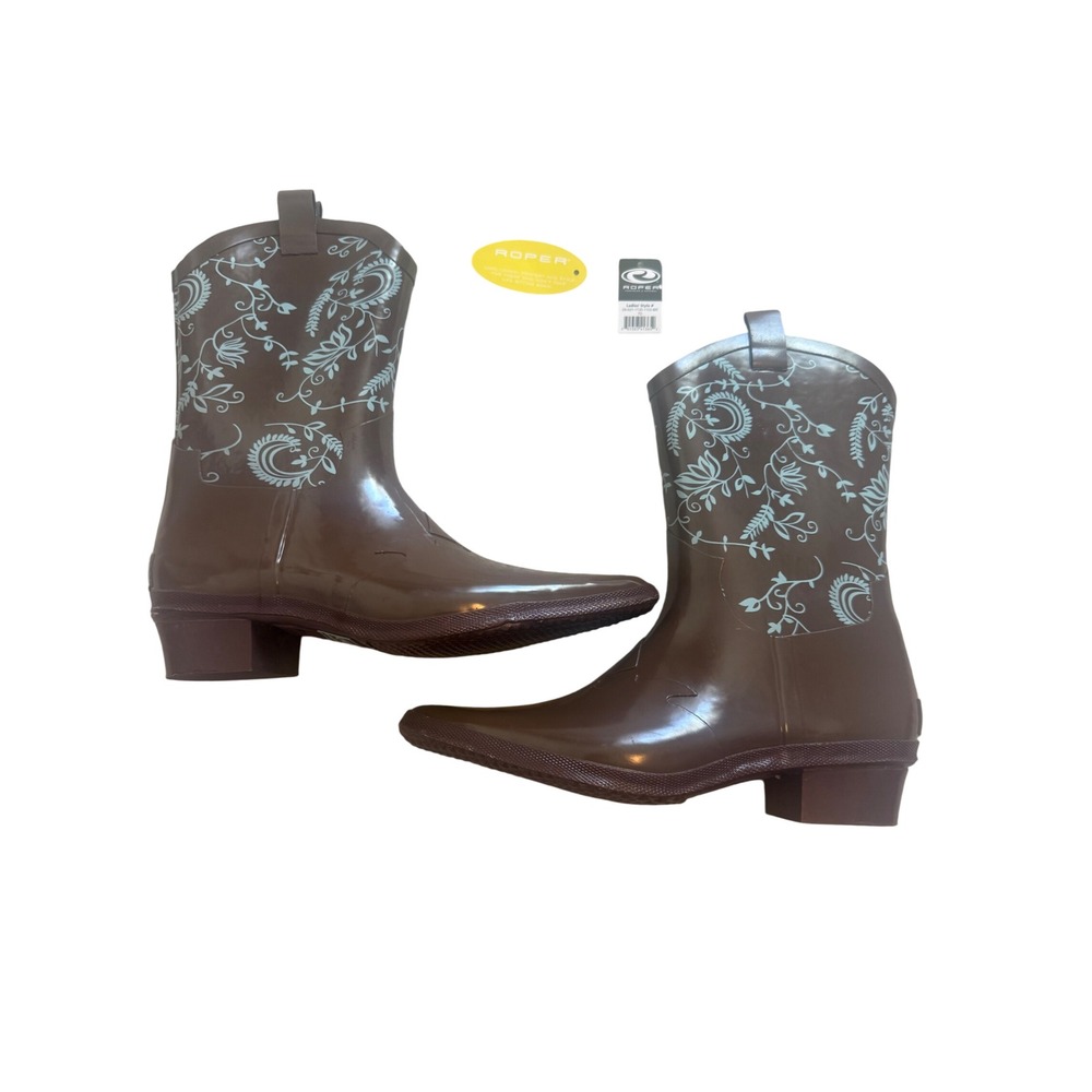 Roper Brown Rain Boots with Light Blue Floral Print